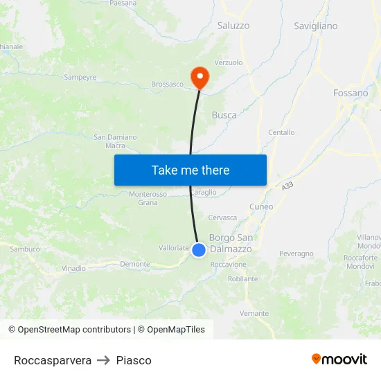 Roccasparvera to Piasco map