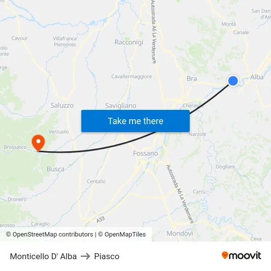 Monticello D' Alba to Piasco map