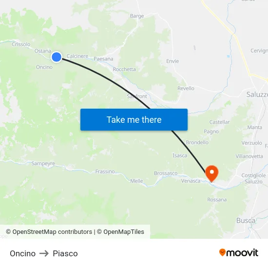 Oncino to Piasco map