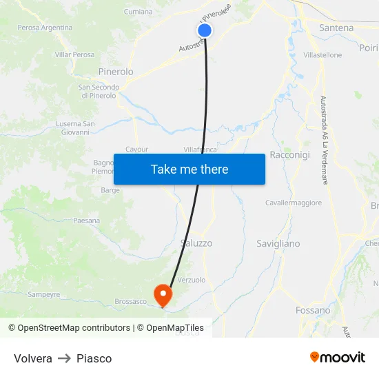 Volvera to Piasco map