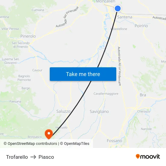 Trofarello to Piasco map