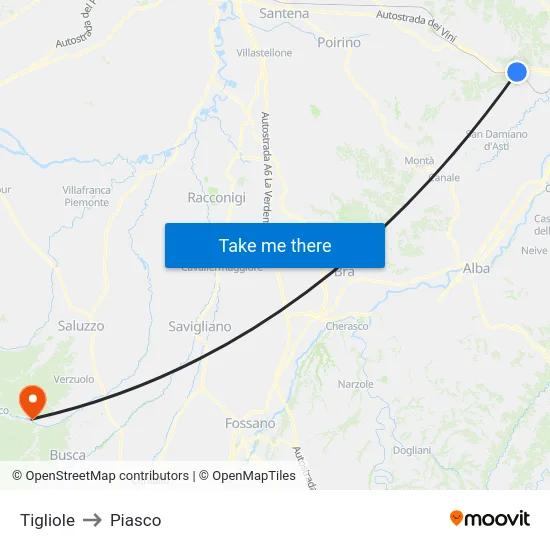 Tigliole to Piasco map