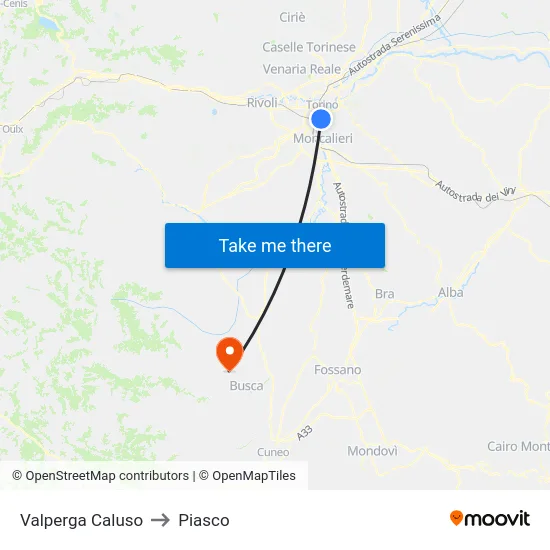Valperga Caluso to Piasco map