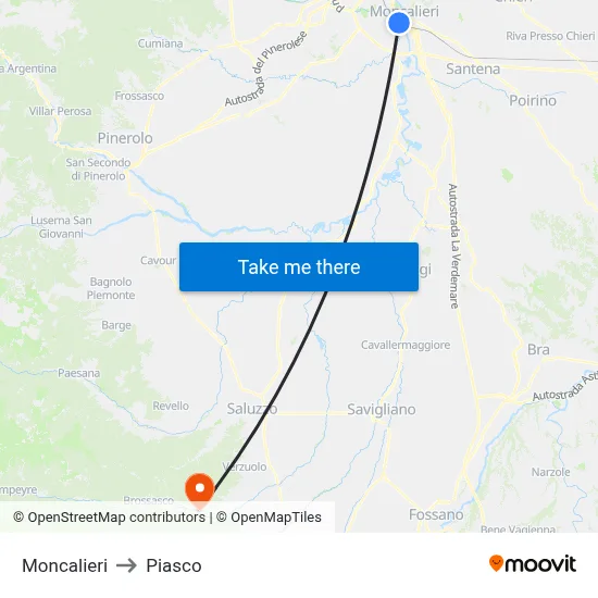 Moncalieri to Piasco map