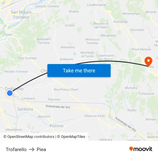 Trofarello to Piea map