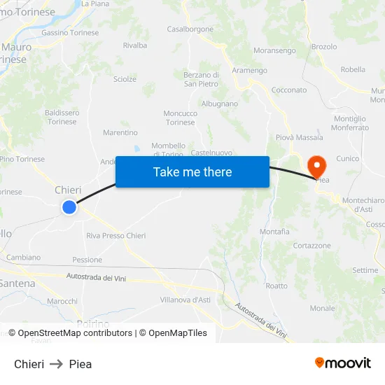 Chieri to Piea map