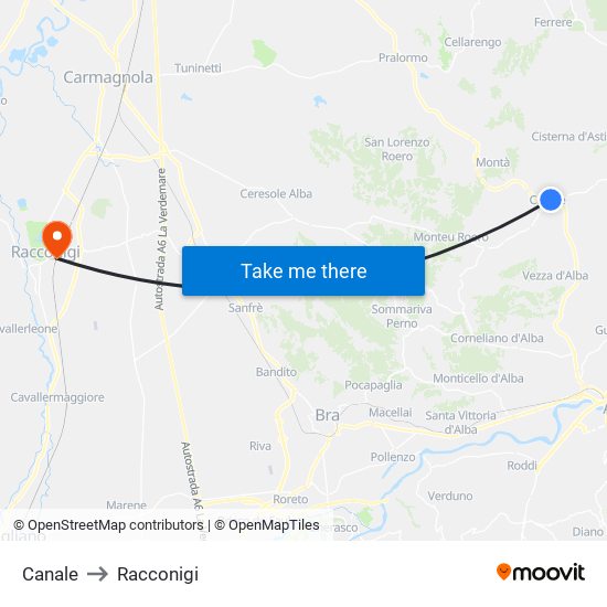 Canale to Racconigi map