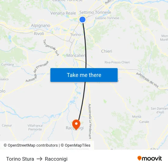 Turin Stura to Racconigi map