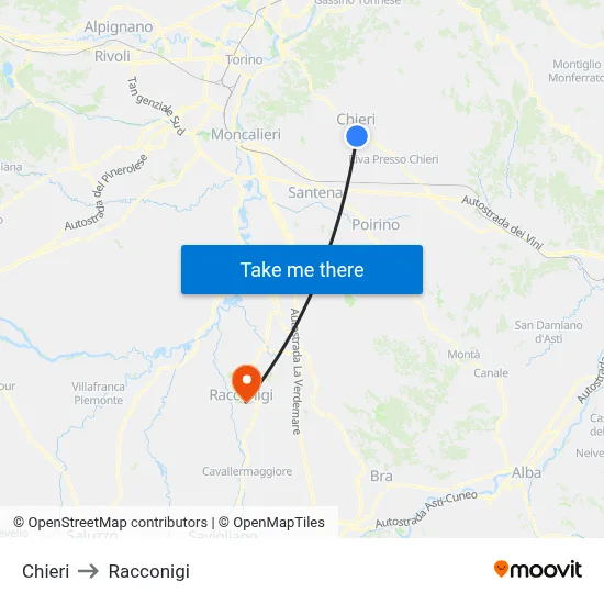 Chieri to Racconigi map