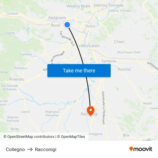 Collegno to Racconigi map