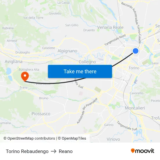 Turin Rebaudengo to Reano map