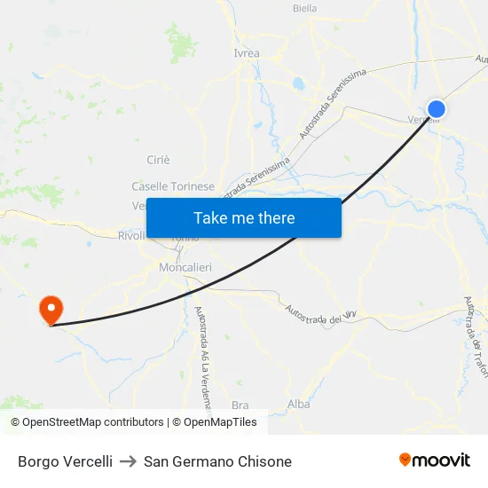 Borgo Vercelli to San Germano Chisone map