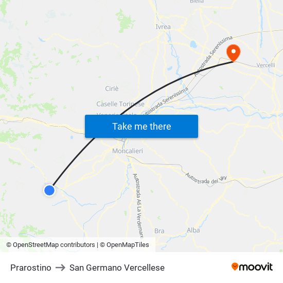 Prarostino to San Germano Vercellese map