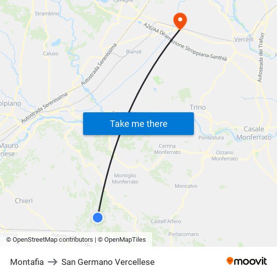 Montafia to San Germano Vercellese map