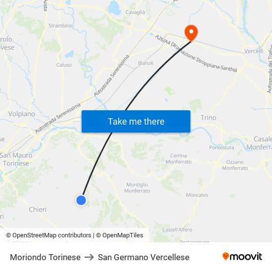 Moriondo Torinese to San Germano Vercellese map