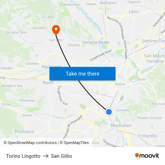 Turin Lingotto to San Gillio map