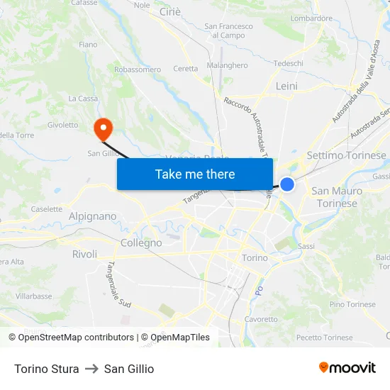 Turin Stura to San Gillio map
