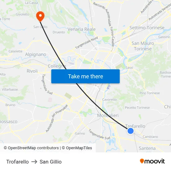 Trofarello to San Gillio map