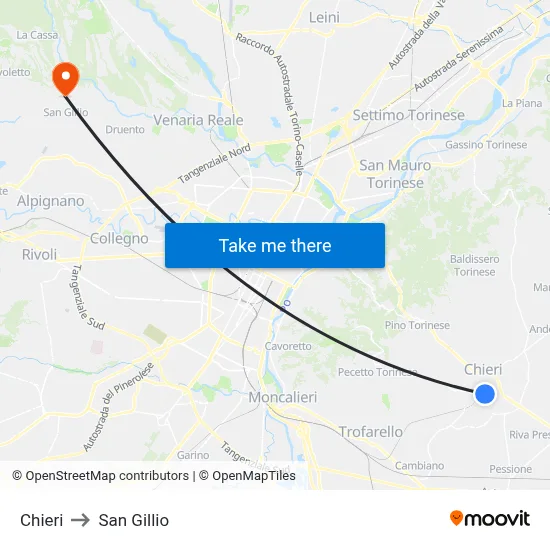 Chieri to San Gillio map