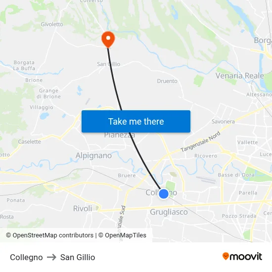 Collegno to San Gillio map
