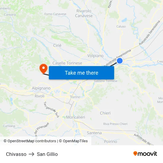 Chivasso to San Gillio map