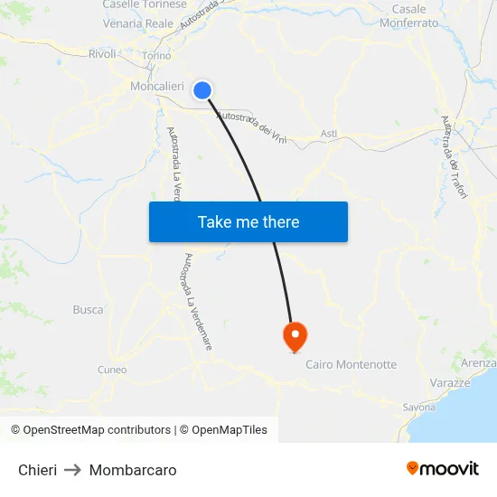 Chieri to Mombarcaro map