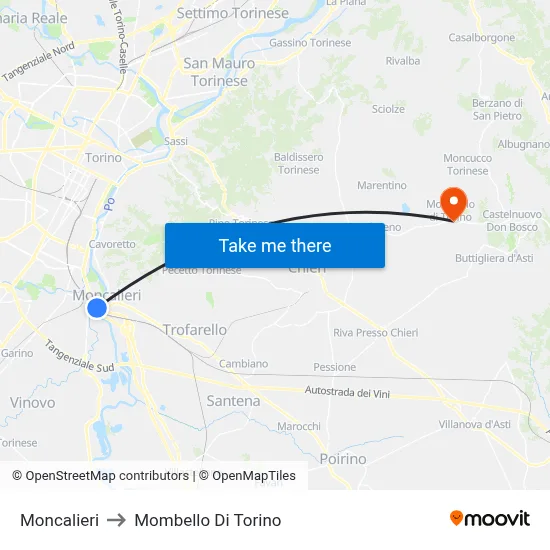 Moncalieri to Mombello Di Torino map