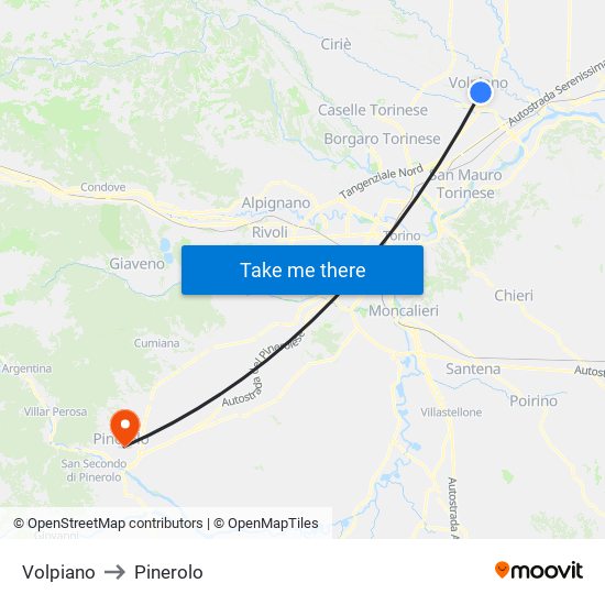 Volpiano to Pinerolo map