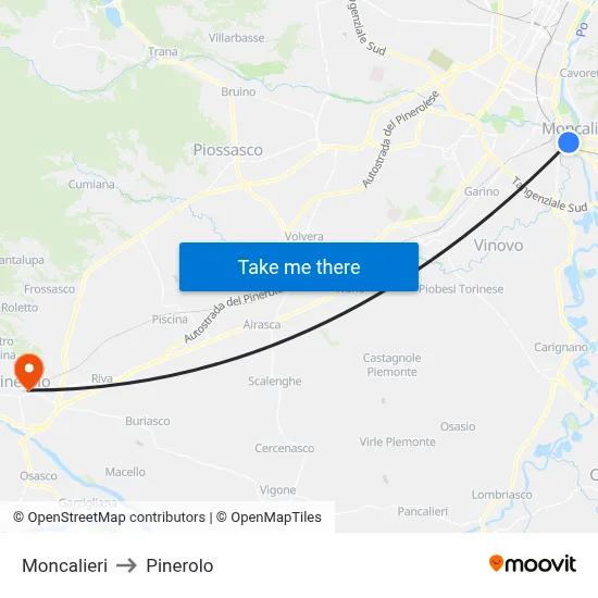 Moncalieri to Pinerolo map