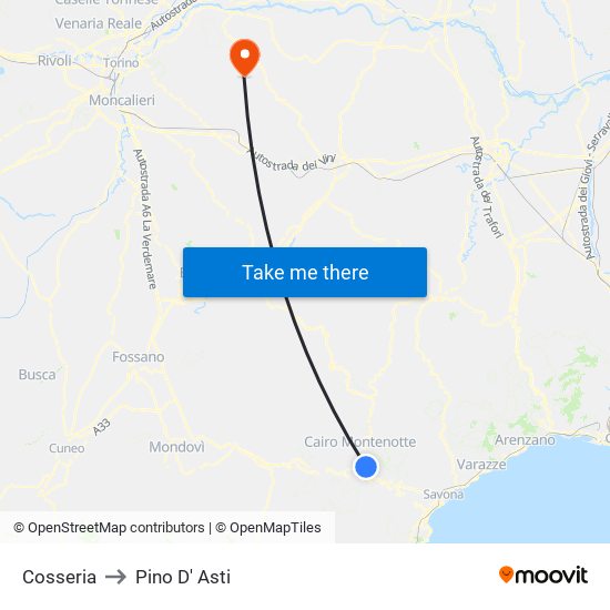 Cosseria to Pino D' Asti map