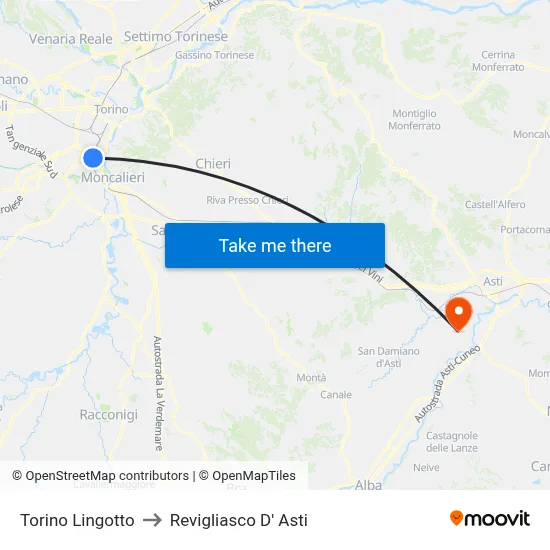 Turin Lingotto to Revigliasco D'Asti map