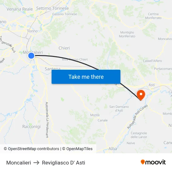 Moncalieri to Revigliasco D'Asti map