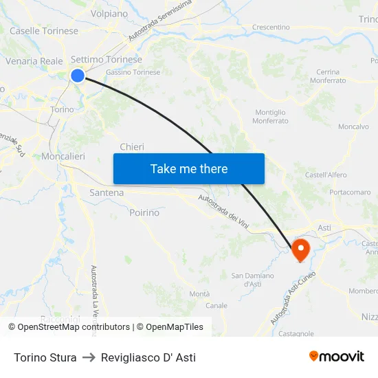 Turin Stura to Revigliasco D'Asti map