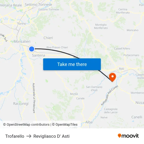 Trofarello to Revigliasco D'Asti map