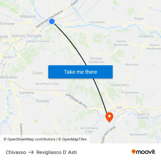 Chivasso to Revigliasco D'Asti map