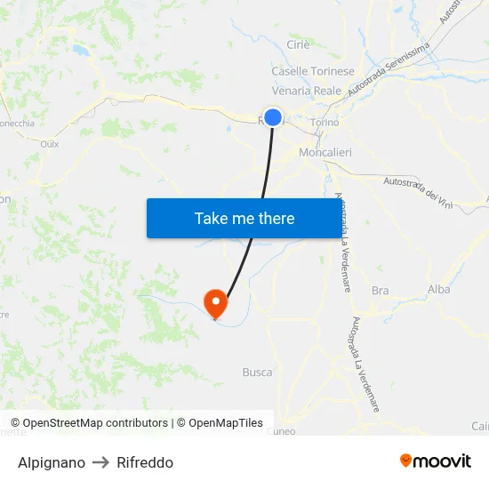 Alpignano to Rifreddo map