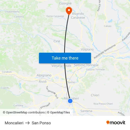 Moncalieri to San Ponso map