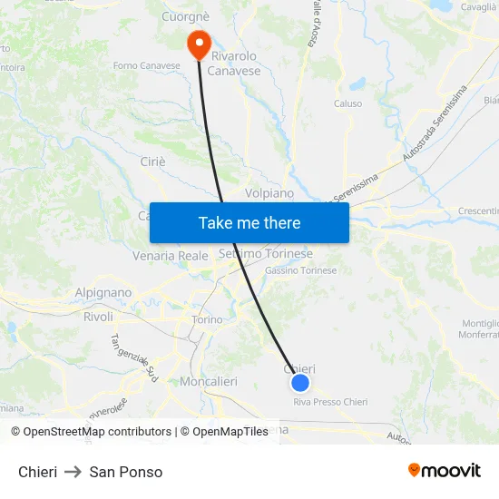 Chieri to San Ponso map