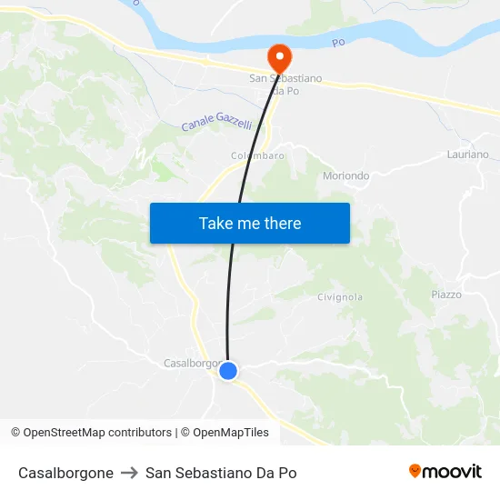 Casalborgone to San Sebastiano Da Po map