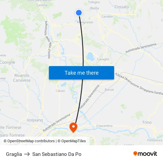 Graglia to San Sebastiano Da Po map