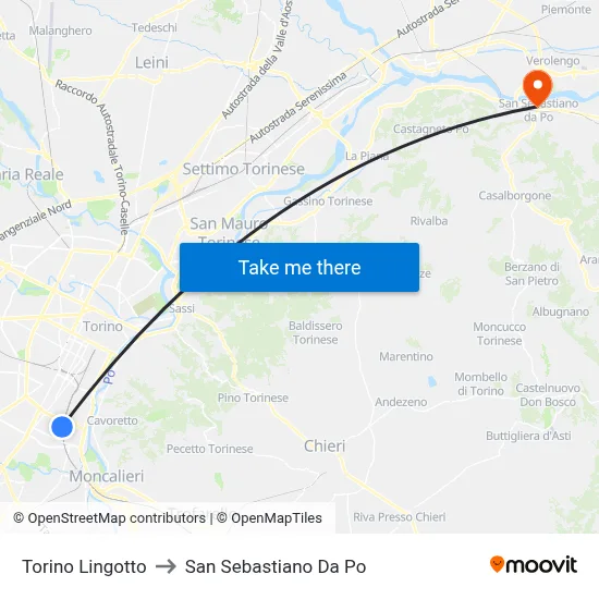 Turin Lingotto to San Sebastiano Da Po map