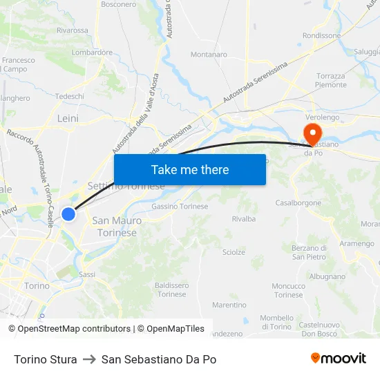 Turin Stura to San Sebastiano Da Po map