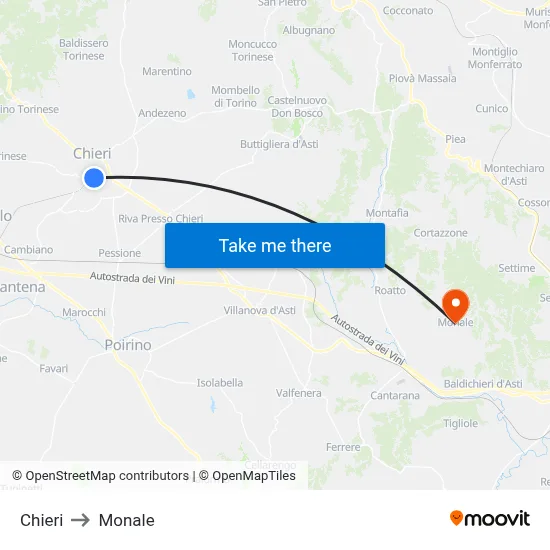 Chieri to Monale map