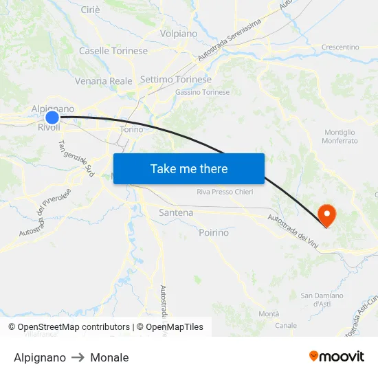Alpignano to Monale map