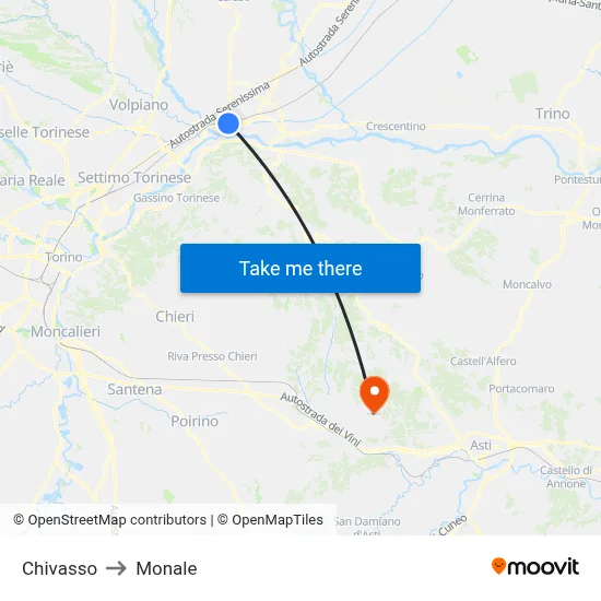 Chivasso to Monale map
