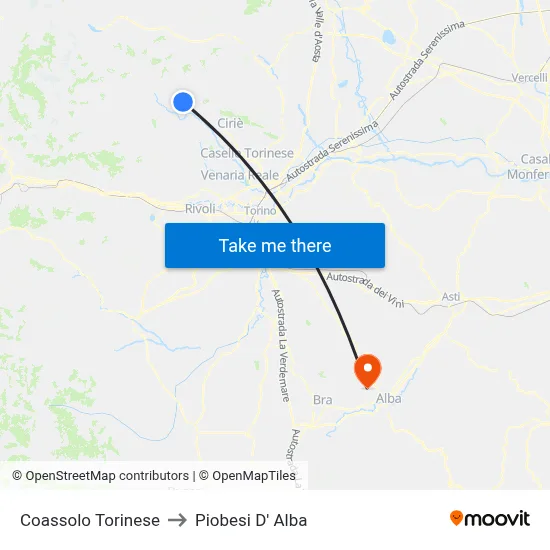 Coassolo Torinese to Piobesi D' Alba map