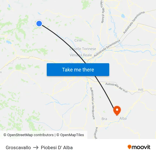 Groscavallo to Piobesi D' Alba map