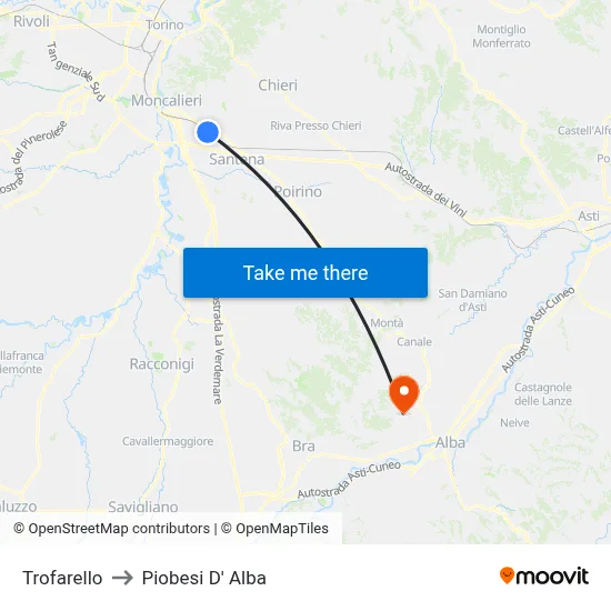 Trofarello to Piobesi D' Alba map