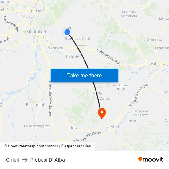 Chieri to Piobesi D' Alba map