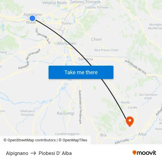 Alpignano to Piobesi D' Alba map